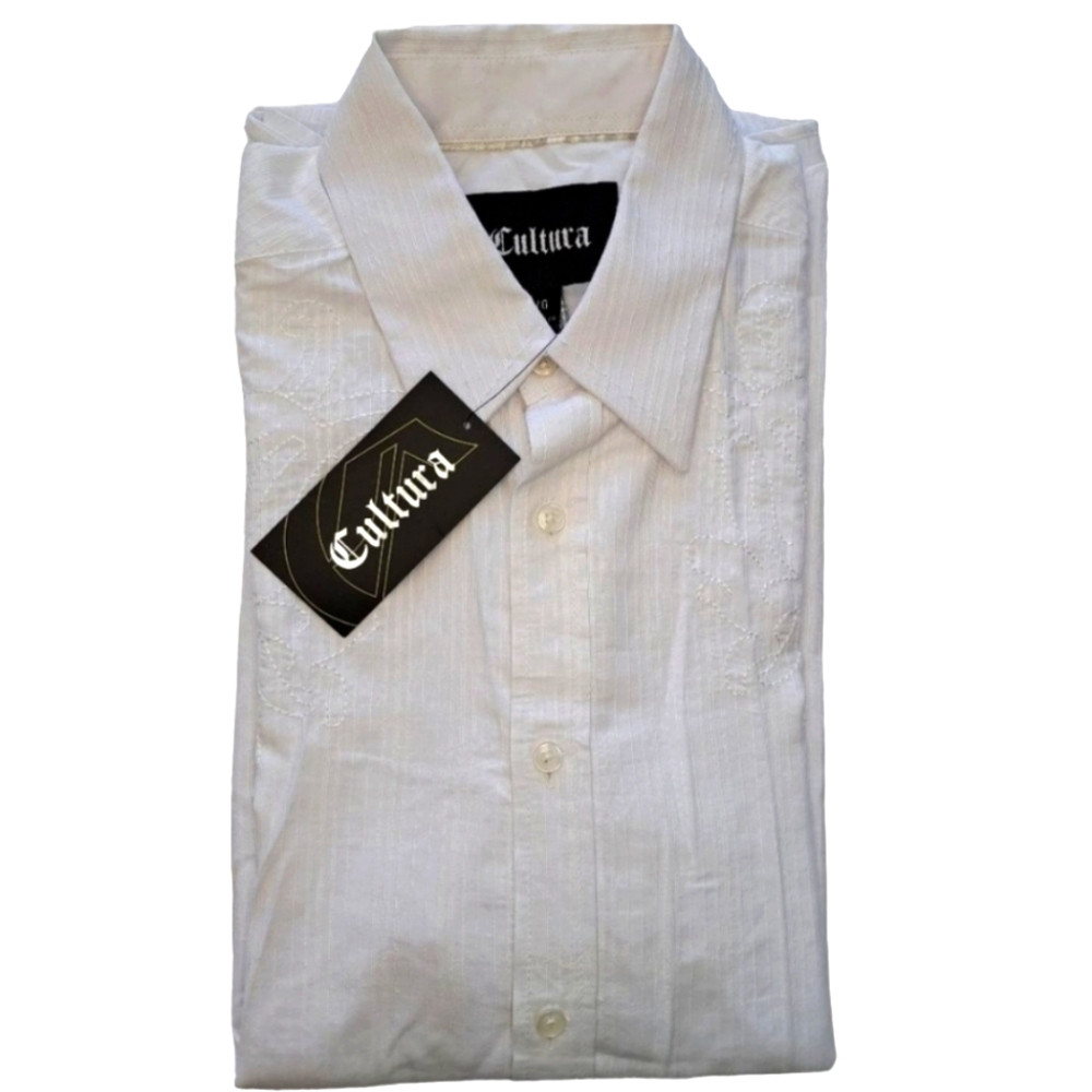 NEW Cultura White Pinstriped Collared Shirt Embroidered Paisley Size Large